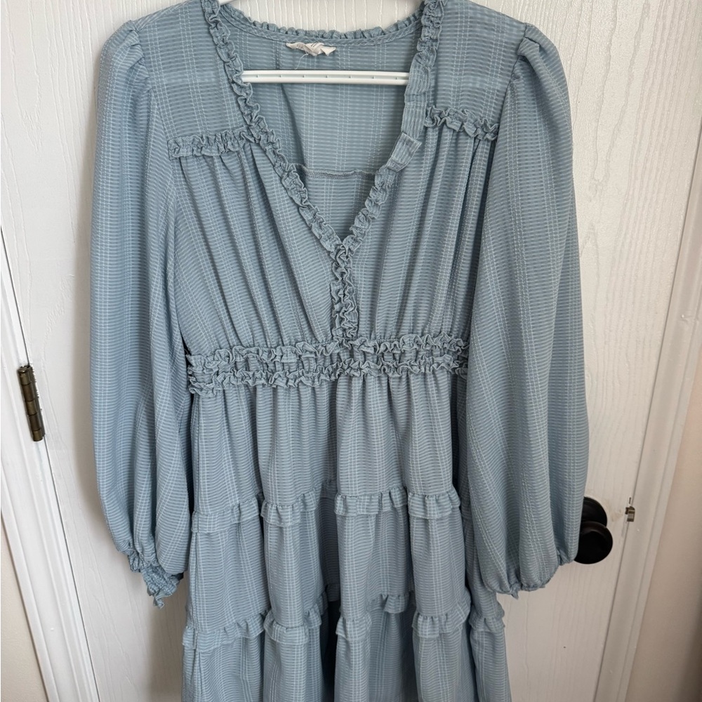 Blu Pepper Light Blue Ruffle Tiered Long Sleeve Midi Dress